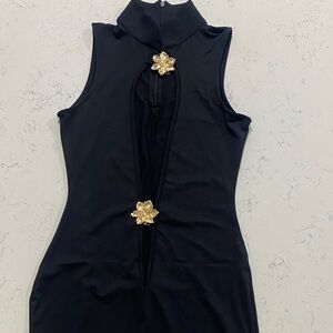 Elegant Black Dress with Gold Floral Accents